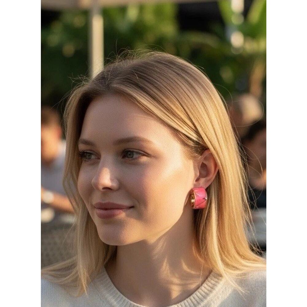 1.25” Pink Enameled Silver Tone Curled Drop Earrings